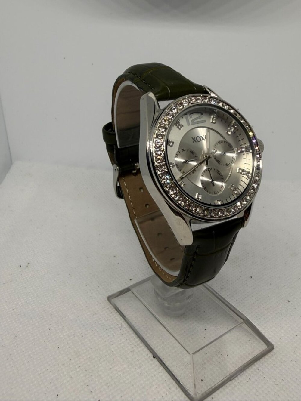 XOXO 3347 Women's 37mm Silver Crystal Bezel Faux Chrono Olive Green Band Watch - Picture 6 of 13